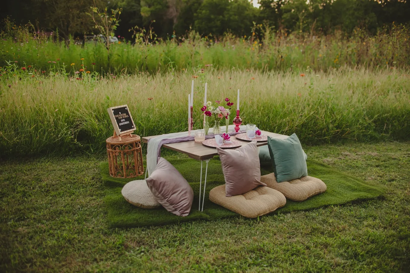 Daytime lux picnic in a meadow with mauve and sage velvet cushions