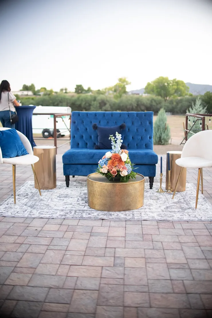 Outdoor lounge with navy velvet sofa and brass coffee table