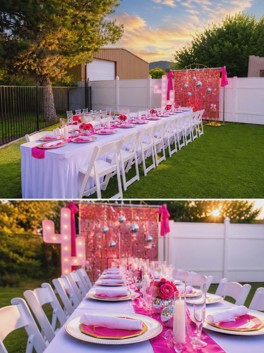 8ft rectangular table styled for a pink Barbie-themed party with marquee cactus and disco backdrop