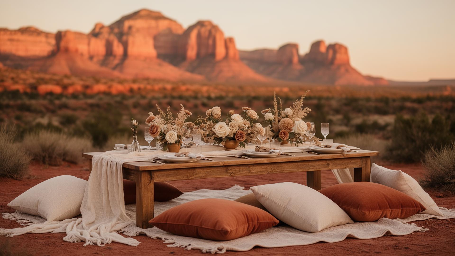 Luxury picnic setup at sunset in Sedona red rocks